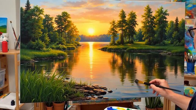 Artist painting a sunset river landscape