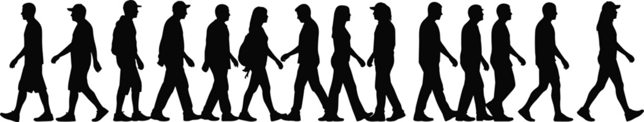 Black silhouettes of people walking in a line, daily commute and urban lifestyle concept, human movement sequence illustration, crowd direction and progress theme on white background