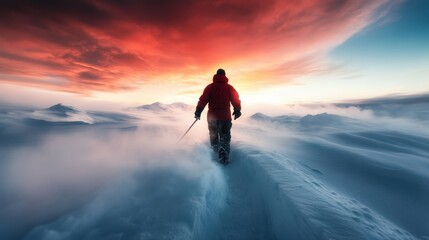 A solitary figure traverses a snow-covered terrain beneath a vibrant sky, conveying a sense of adventure, solitude, and the beauty of exploration in winter landscapes.
