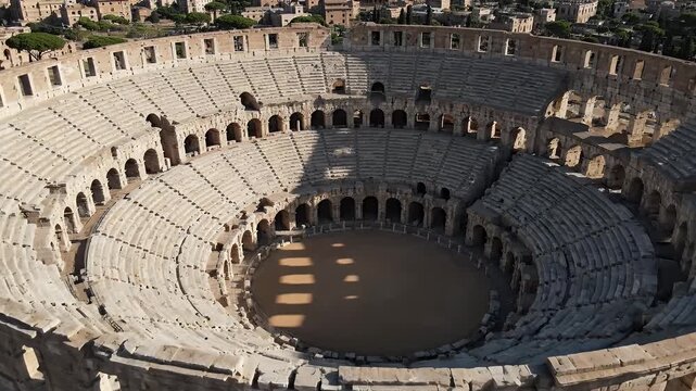 Ancient stone arena with tiered seating, archaeological site
