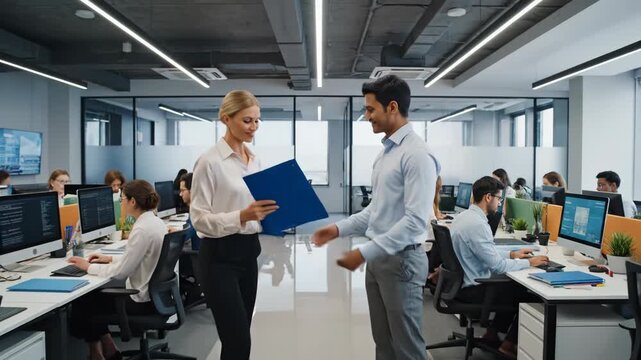 Colleagues walking and working together in a modern office space with a collaborative atmosphere