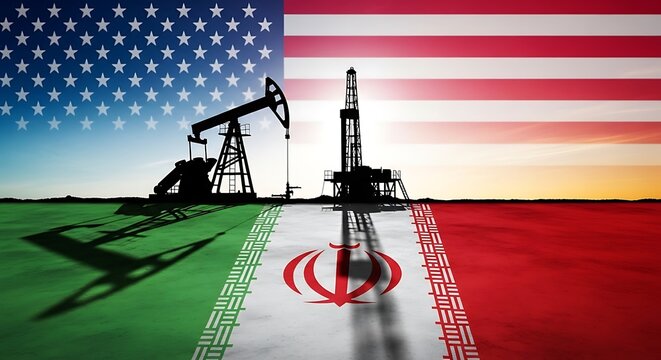 Oil industry conflict between USA and Iran symbolized by flags and pumpjacks
