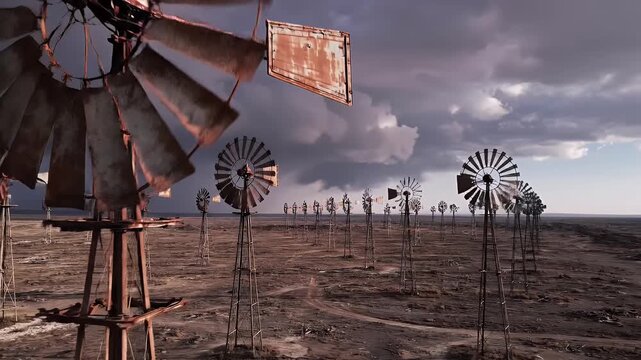 Numerous old, rusted windmills stand in a desolate, dry landscape under a stormy sky