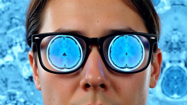 Man wearing glasses with brain scan reflections