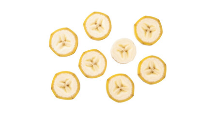 Fototapeta premium Banana slices isolated PNG, fresh fruit pieces on transparent background for healthy eating and dessert decoration