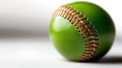 A vividly colored green softball, featuring intricate stitching and a smooth surface, highlights the essence of sports and active lifestyle in this eye-catching artistic shot.
