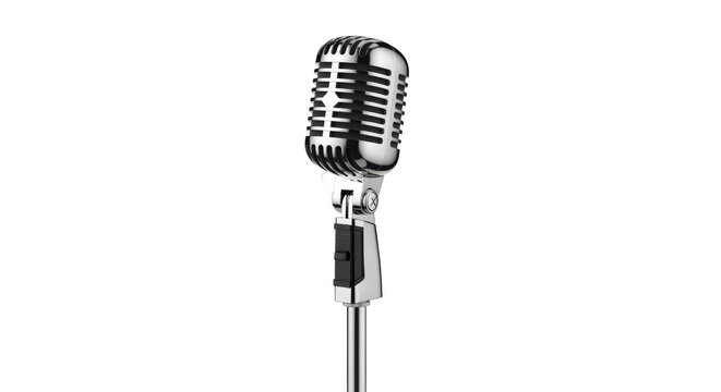 Vintage chrome microphone PNG isolated on transparent background, classic recording equipment for retro music and broadcasting
