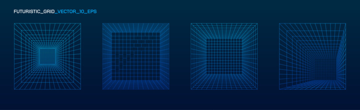 3D wireframe grid forms cyberpunk corridor with neon lines, retro futuristic mesh pattern, and glowing perspective creating an immersive digital tunnel experience.