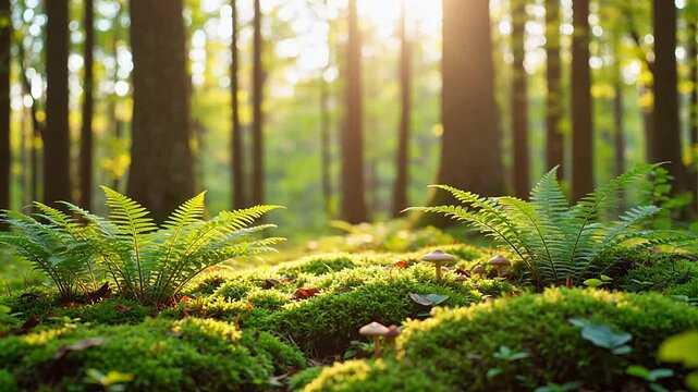 Sunlit forest floor with moss and ferns