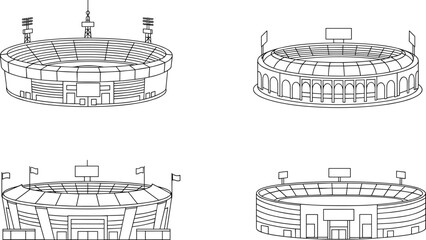 Vector illustration of modern stadium icons, sports arena outline drawing, architectural line art, game venue, football stadium sketch © Creative Rejia