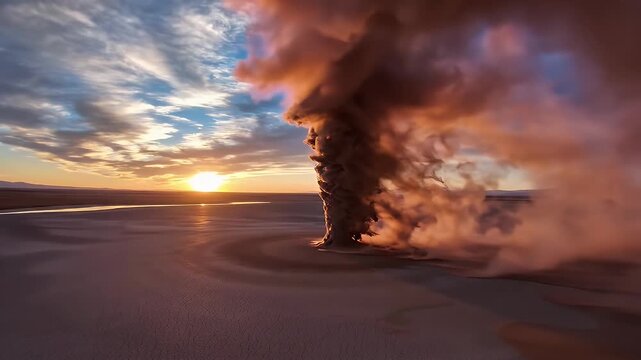 A dust devil churns a vast, cracked earth plain under a dramatic sunset sky