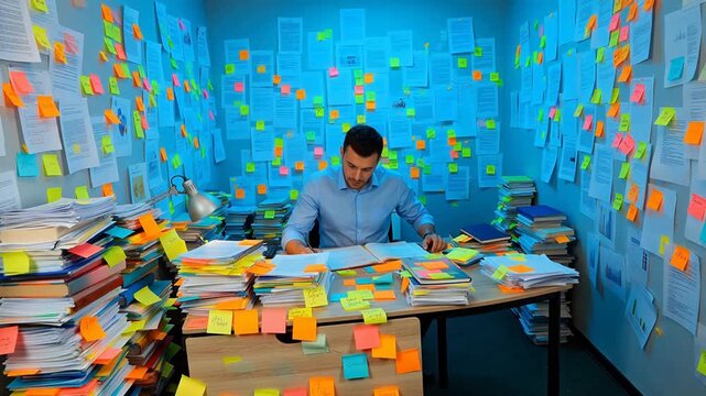 Man working in office surrounded by sticky notes