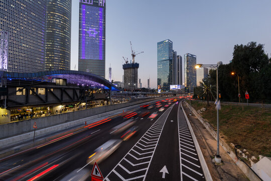 Tel Aviv, Israel - February 25 2024: The night view of the skyscrapers in the downtown city
