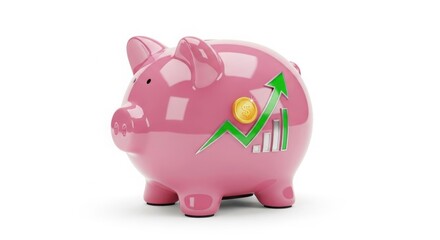 Obraz premium 3D Render of a Pink Piggy Bank with Green Upward Arrow Graph and Gold Coin isolated on White Background