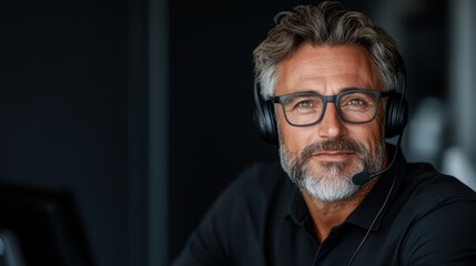 Obraz premium A confident middle-aged man wearing a headset, smiling at the camera, portrays a professional image of communication and customer service in a modern office environment.