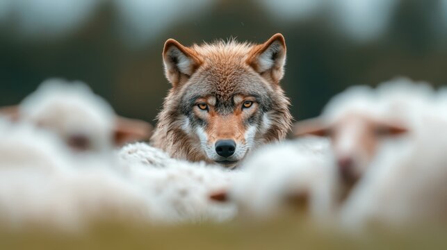 A striking portrayal of a wolf watching sheep intently, capturing the natural instincts of the predator and prey relationship in a wilderness environment.