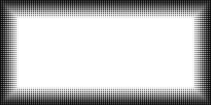 Rectangle halftone border frame with dot pattern. Gradient overlay for pop art posters, logos and vintage graphic design with geometric circle texture effect.