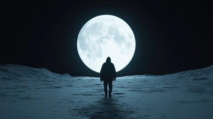 A lone figure stands on a moonlit landscape, evoking feelings of mystery and wonder as the massive, glowing moon illuminates the night sky.