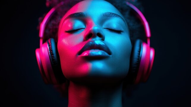 A serene woman with headphones on, head tilted back, lost in music. The vibrant blue and pink lighting enhances her peaceful expression and deep connection to sound.