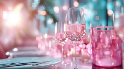 A stunning dining setup featuring a sparkling wine glass, soft lighting, and vibrant pastel colors, creating a cheerful atmosphere for any special occasion or gathering.
