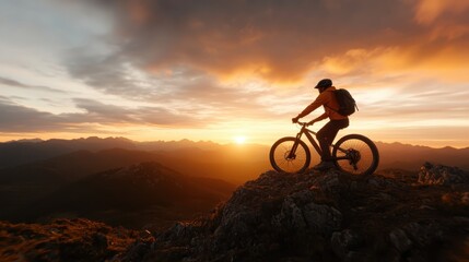 Naklejka premium A silhouetted mountain biker stands atop a rocky outcrop, gazing at a stunning sunset, embodying adventure and the beauty of nature in a breathtaking landscape.