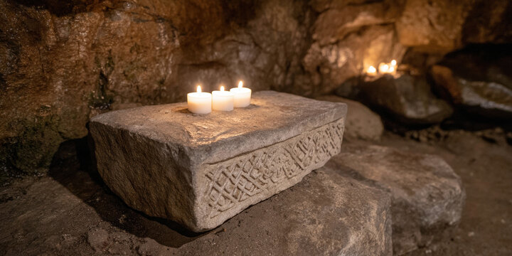 Serene ancient stone altar with burning white candle offering spiritual light inside dark cave shrine evoking mystical religious atmosphere of hope and peace