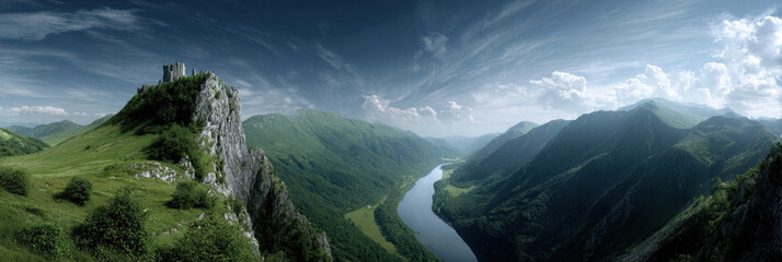 Dramatic panoramic view capturing green mountain landscape with winding river below and ancient ruins atop rugged cliff peak under moody blue sky with epic clouds portraying serene mystery