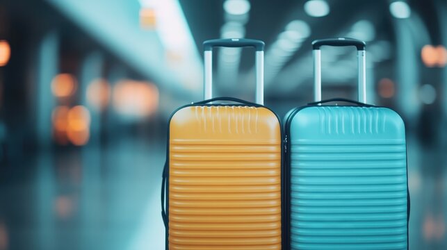 This image features vibrant orange and teal luggage set against a blurred airport backdrop, symbolizing travel, adventure, and exploration for eager travelers.