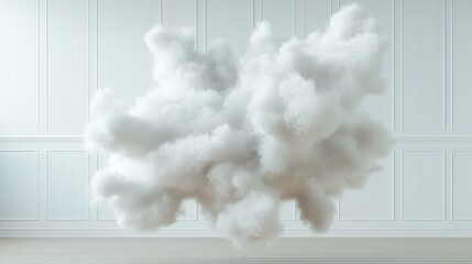 A singular, fluffy white cloud appears to float within a minimalist room, providing a dreamlike atmosphere that contrasts the intricate textures of the interior.