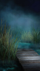 Fototapeta premium Foggy dark night lake landscape with wooden pier extending into cold water surrounded by tall grass reeds and mysterious blue mist creating spooky ominous and scary atmosphere background