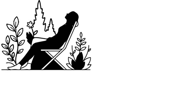Silhouette of a person relaxing on a chair in a garden, surrounded by plants and trees