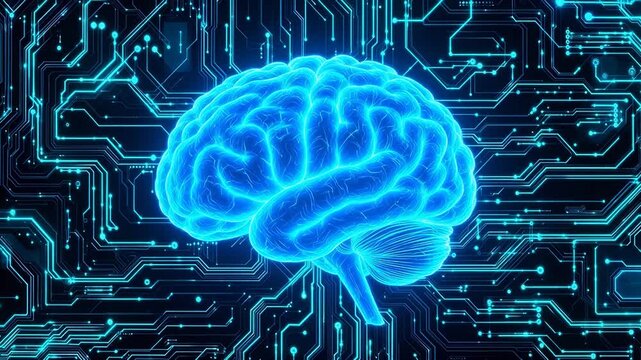 Blue glowing brain on circuit board