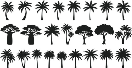 Fototapeta premium Black palm tree silhouettes collection, tropical plants set, exotic forest icons, summer nature vector illustration, isolated botanical shapes