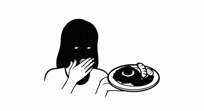 Person recoiling from a plate of food with a disgusted expression