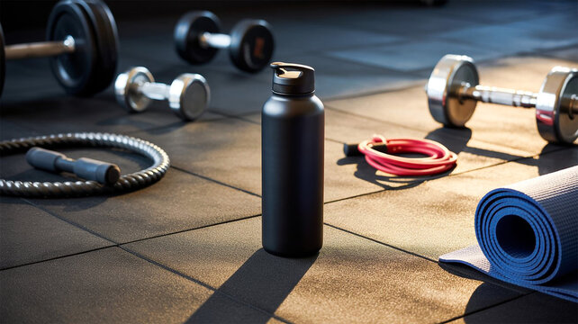 matte black water bottle mockup on sunny gym floor with fitness gear