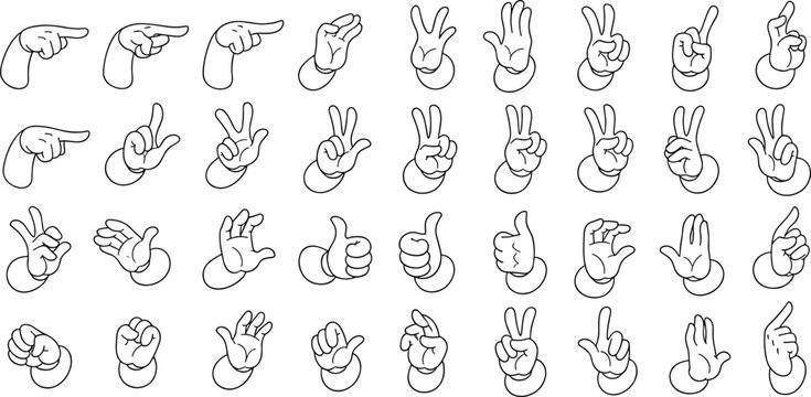 Cartoon hand gestures collection, pointing counting thumbs up signs, comic style outline icons, vector illustration, isolated symbols set, design pack