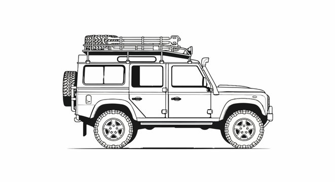 Rugged off-road vehicle with roof rack and spare tire
