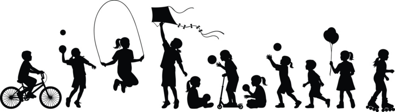 Children silhouette vector illustration, outdoor play icons, childhood activity artwork, sports design elements, recreation graphic, playful kids symbol, fun lifestyle