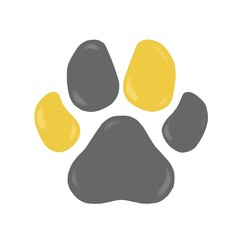 Yellow-gray cat flat paw print icon isolated on white background