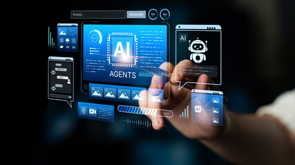 Fototapeta premium AI agents dashboard supports prompt generation, monitoring, and analytics. AI agents optimize workflows, and AI agents improve decisions with real time insights. Corpus