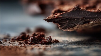 Broken dark chocolate bar pieces with scattered crumbs on textured blue background closeup