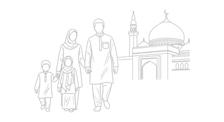 Obraz premium A black and white sketch depicts a muslim family consisting of a mother father and son walking towards a mosque with a minaret