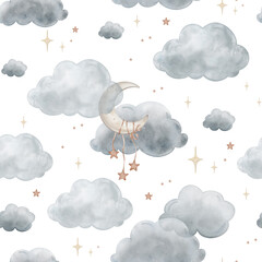 Obraz premium Seamless pattern with Blue Grey Air Clouds and moon. Cute baby's repeat ornaments with stars Isolated hand drawn Watercolor illustration. Design for kids goods, textiles, children's room