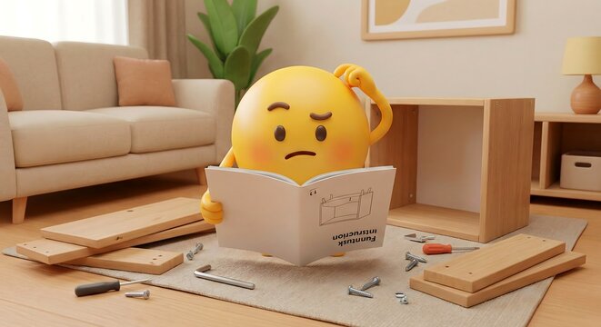 Frustrated 3D Character Assembling Flat Pack Furniture with Complex Instructions.