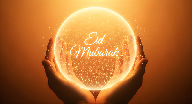 A pair of hands holding a glowing eid mubarak message