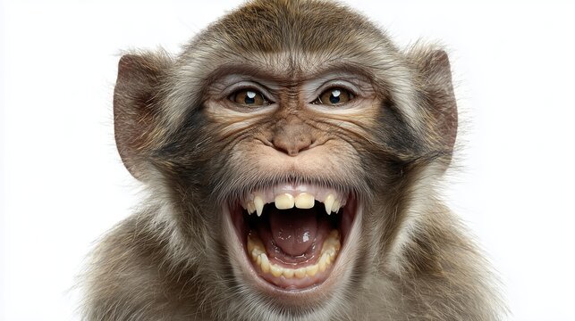 Portrait of a monkey laughing with wide open mouth revealing teeth on plain white background for viral funny meme