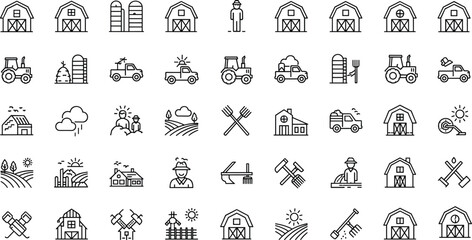 Farming vector illustration, agriculture icons, barn silhouette, tractor artwork, farmer symbol, rural life design, crop field graphic, farm tool emblem © Manharul