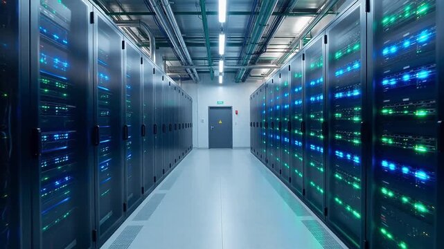 Server room with rows of data racks