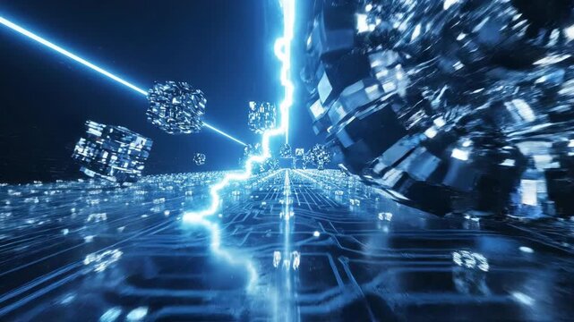 Blue circuit board with glowing lines and 3d objects