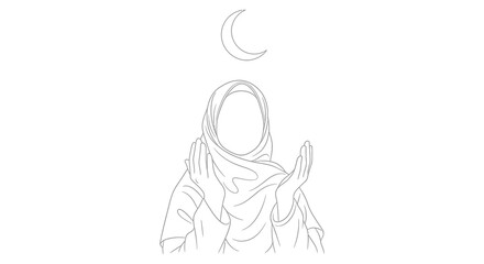 Obraz premium A black and white line drawing depicts a woman wearing a hijab praying with her hands raised towards a crescent moon in the